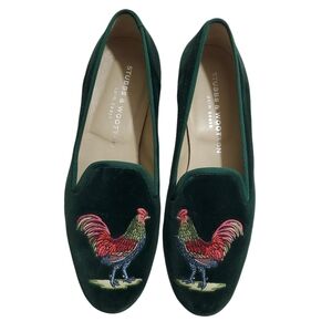 Stubbs & Wootton Green Velvet Loafers with Rooster Embroidery